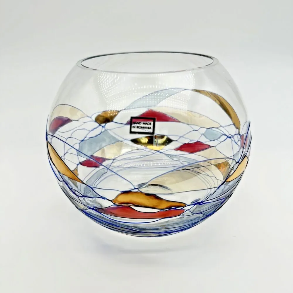 Romanian Mosaic Stained Glass Hand Blown Crystal Fish Bowl Round Vase Swirl 6”